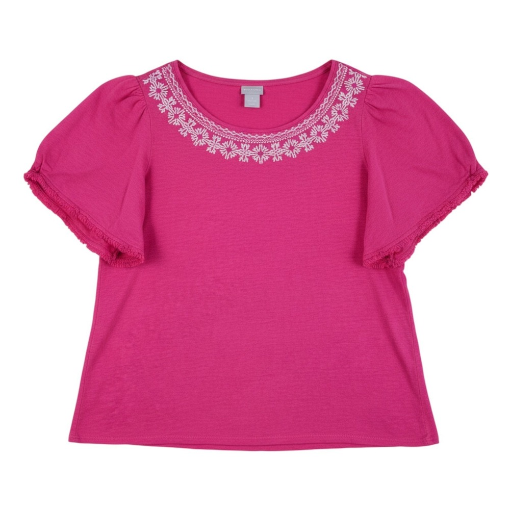 Chicos Shirt Womens 1 US M Pink Linen Embroidered Flutter Fringe Petal Sleeves